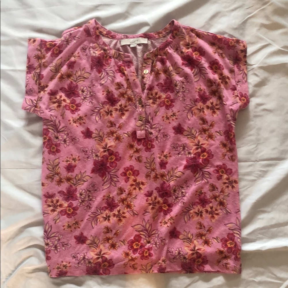 LOFT Floral Pink Cap Sleeve Tee Top—XS